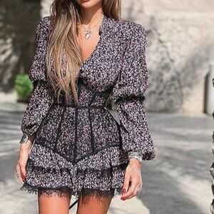 Purple Boho Women's Casual Dresses Long Sleeve V Neck Floral Lace Mini Dress